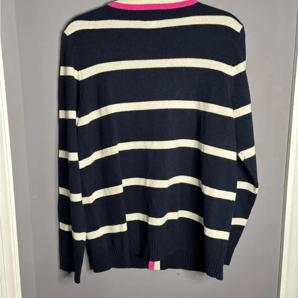 Sundry Navy White Striped Cardigan Pink Detail Large